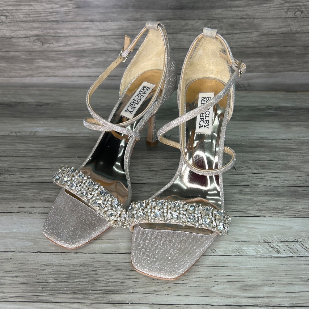 Badgley Mischka Nala Champagne Gold Crystal Embellished Heeled Sandal Shoes 9